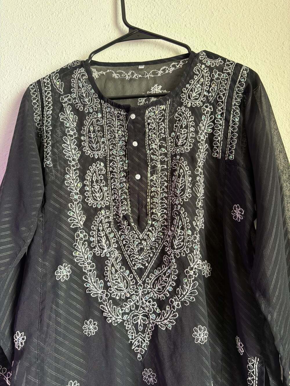 Unbranded Black Sheer Embroidered Kurti Tunic Top Size 40 - Picture 2 of 6